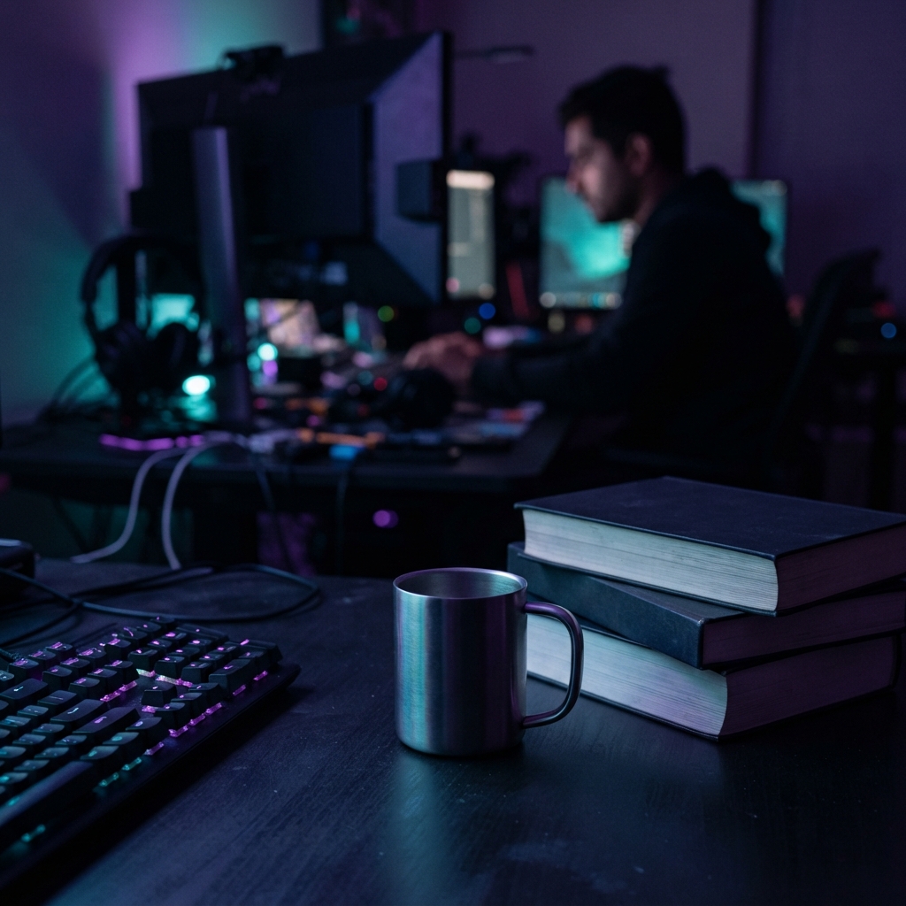 Quiet developer workspace with books and coffee mug