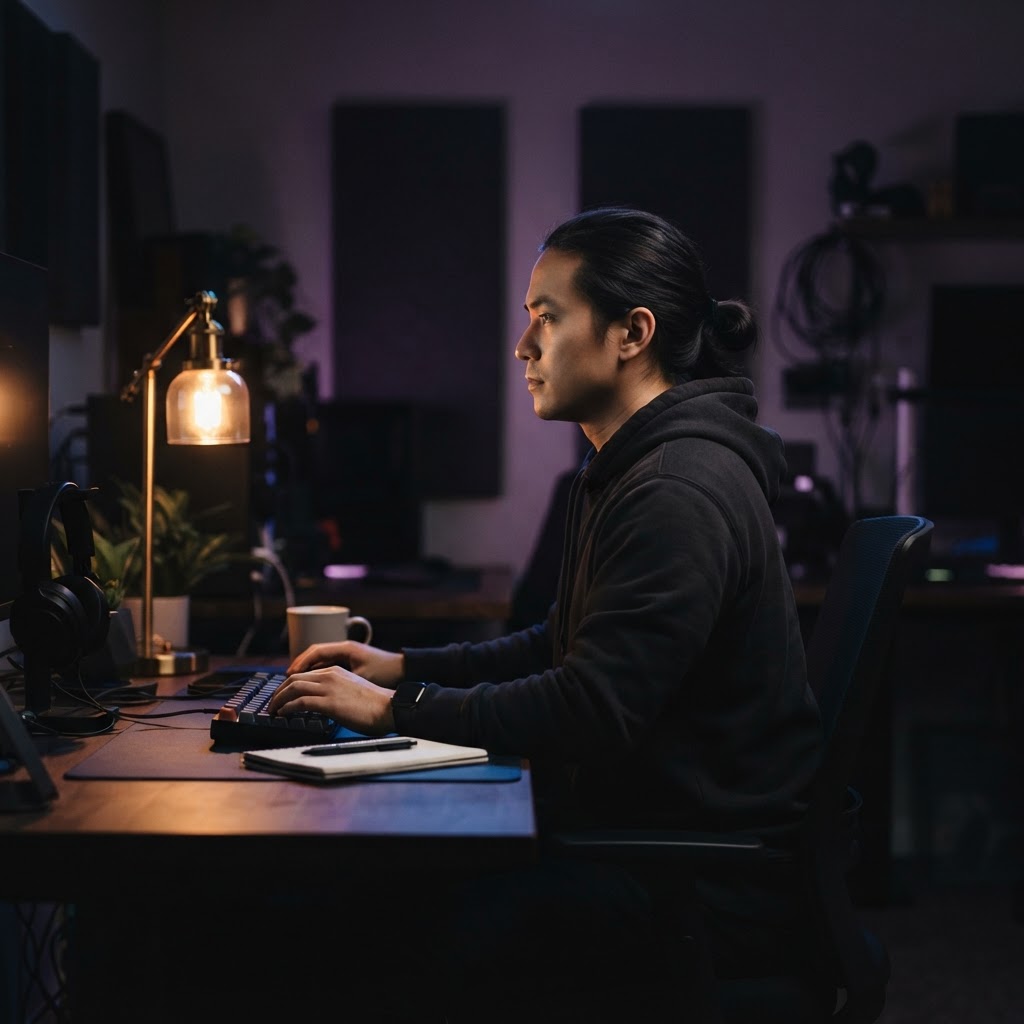 Focused developer in a moody, dimly lit workspace