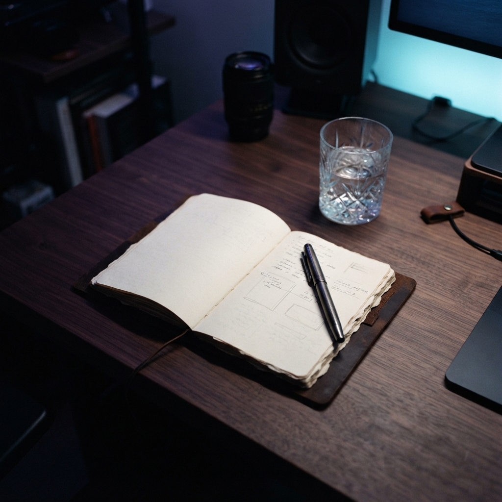 Open notebook on a desk with ambient blue lighting