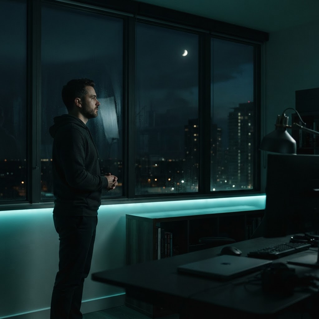 Developer standing in a dark office looking out a window