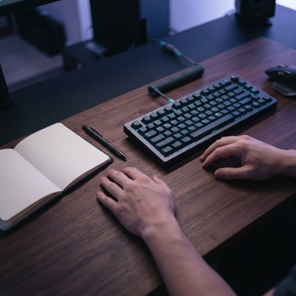 Hands resting on a desk with a mechanical keyboard