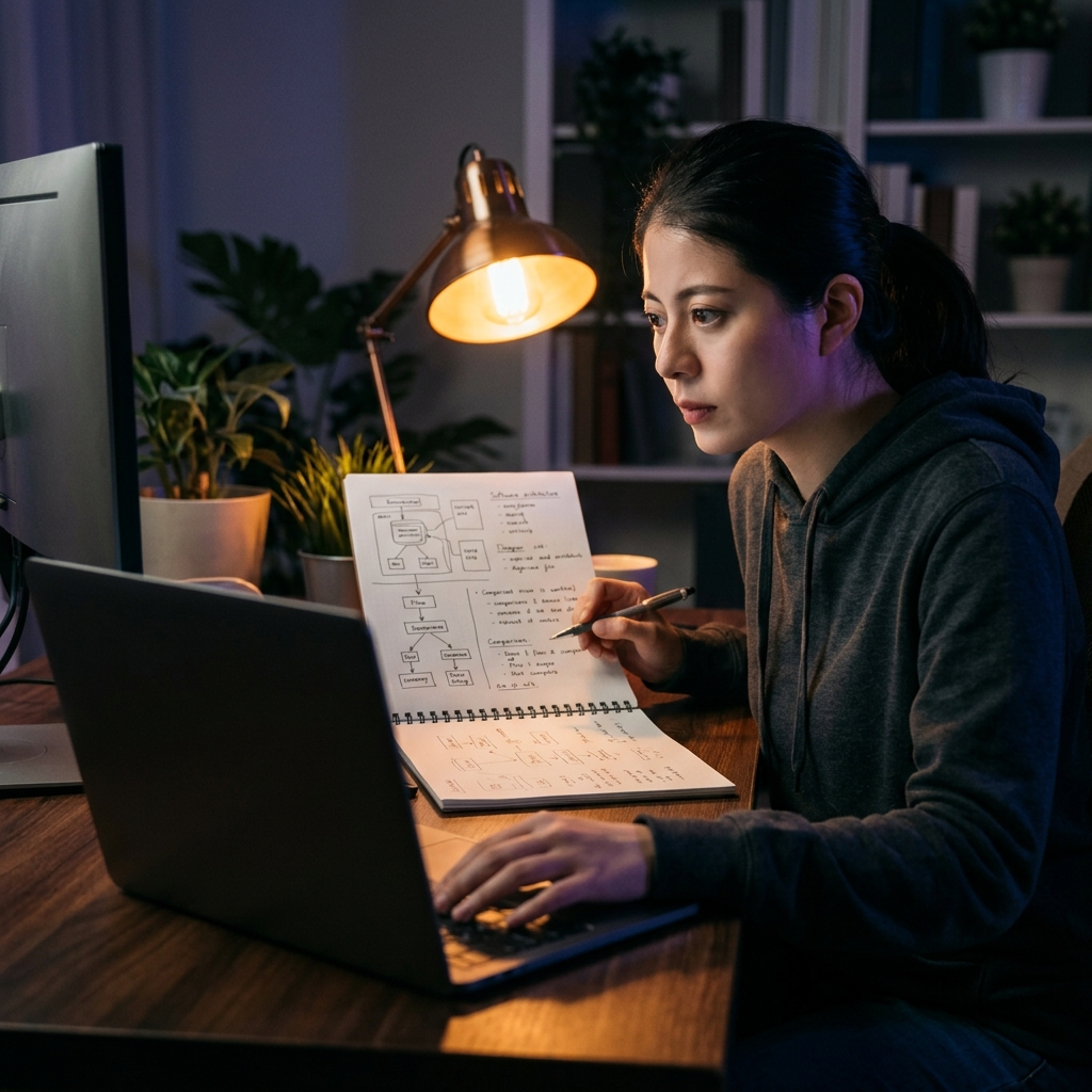 Developer evaluating tools at multi-monitor workspace