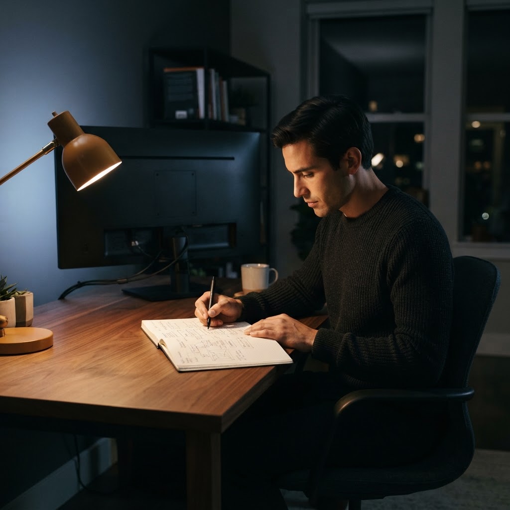 Developer focusing on architectural notes in a notebook