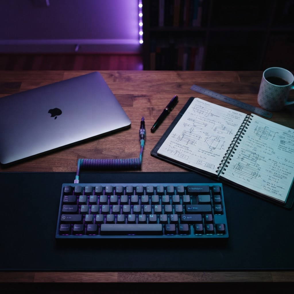 Physical workspace with engineering journal and closed laptop