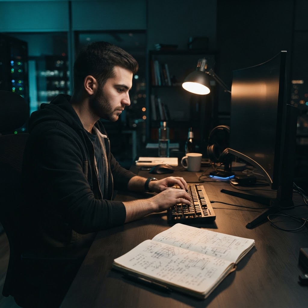 Developer focusing on work late at night