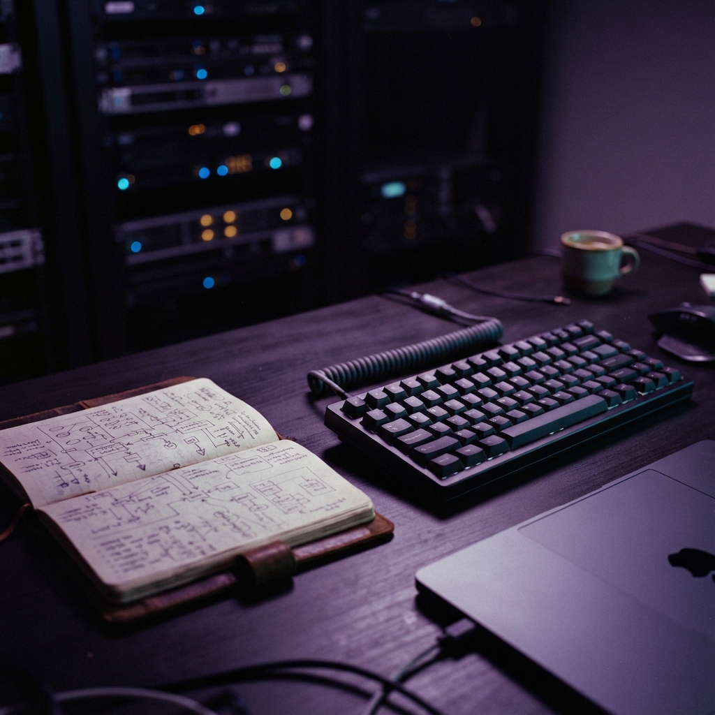 Close up of developer workspace with technical notebook