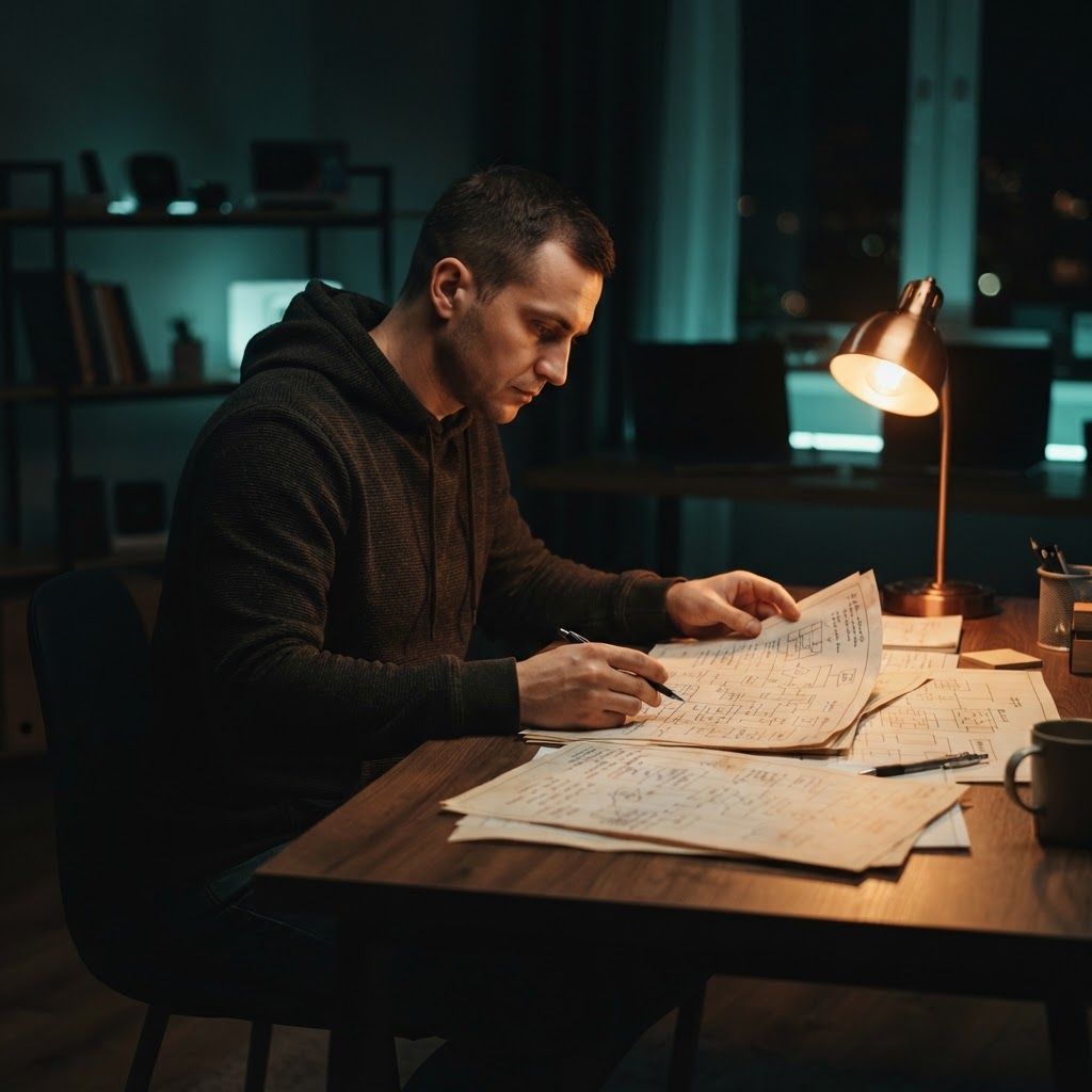 Software engineer organizing technical architectural blueprints