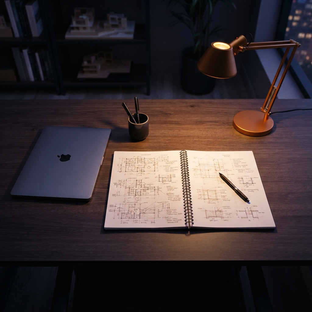 Engineering journal and closed laptop on a clean desk