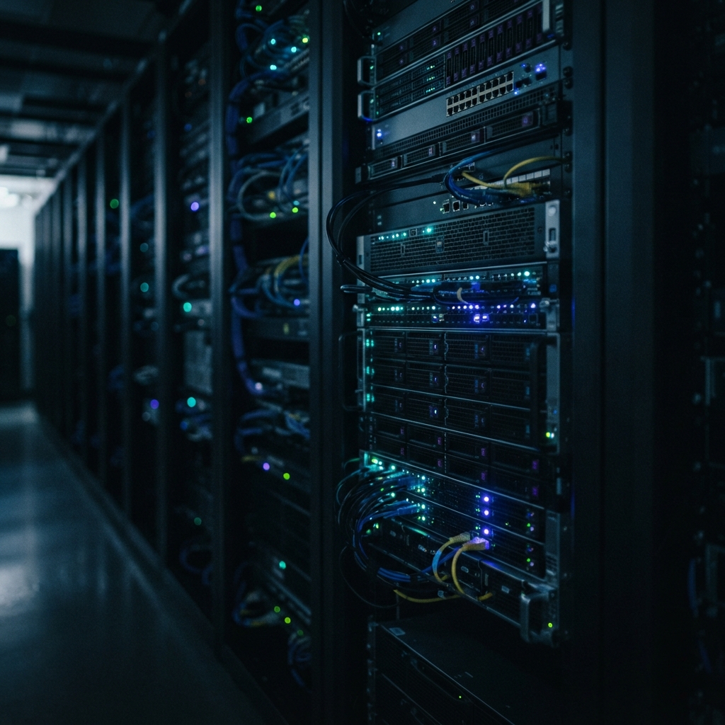 Rows of glowing server rack hardware in a data center