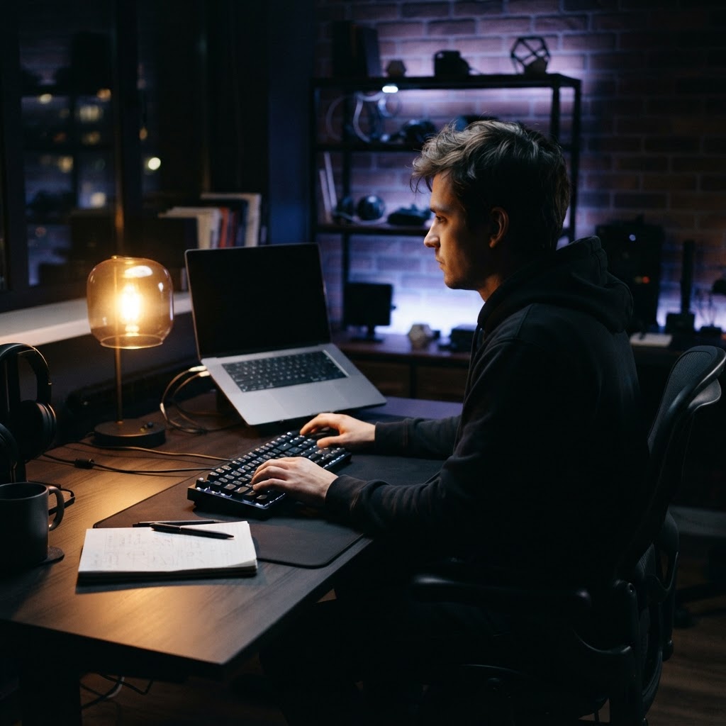 Developer working in a focused nighttime workspace
