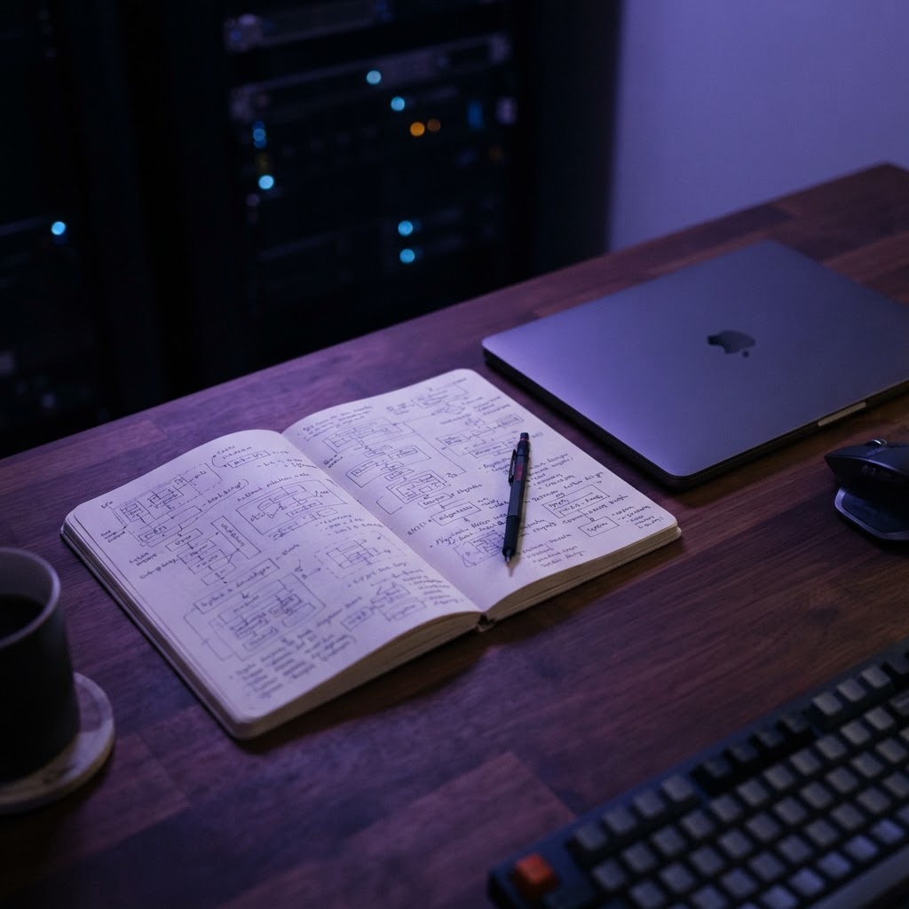 Notebook and hardware on a dark desk
