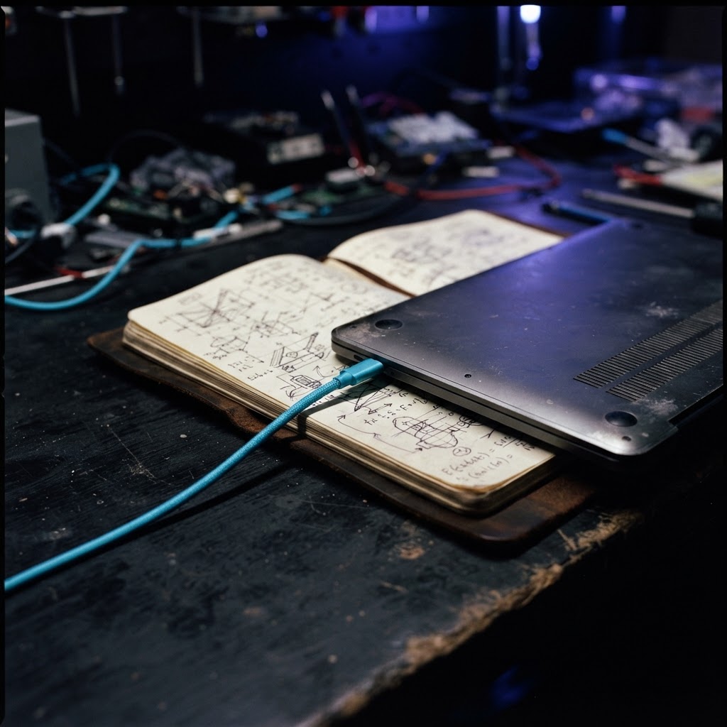 Close up of a closed laptop and engineering notebook
