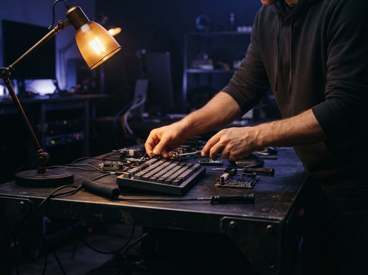 Developer hands organizing hardware at a dark desk