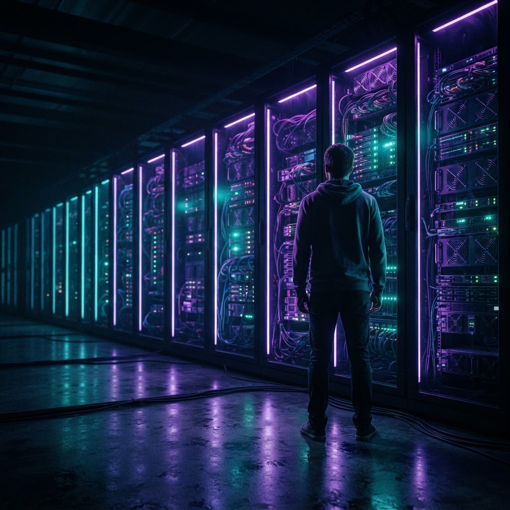 Developer standing before illuminated server racks at night