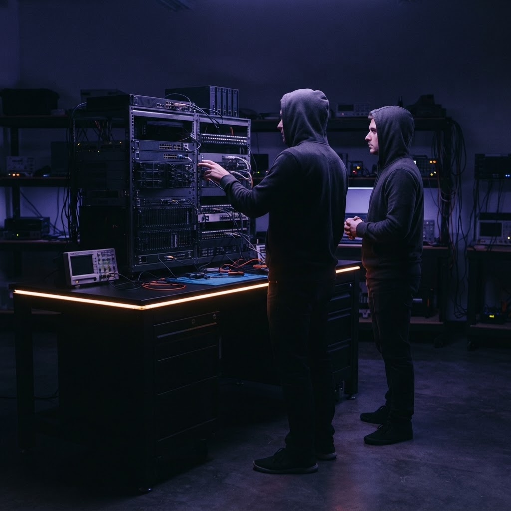 Two developers working in a dimly lit engineering studio