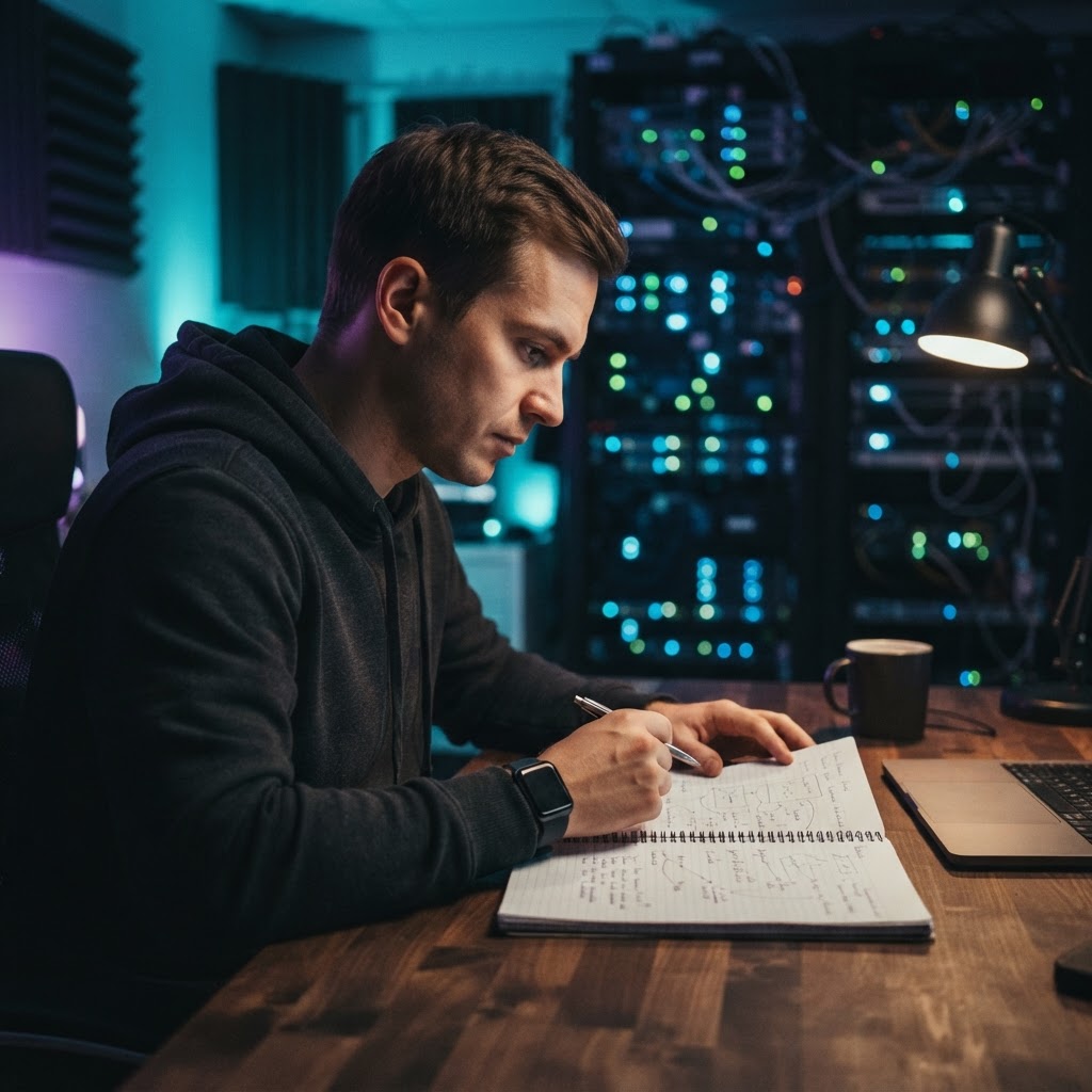 Developer reviewing handwritten technical notes in a dark office