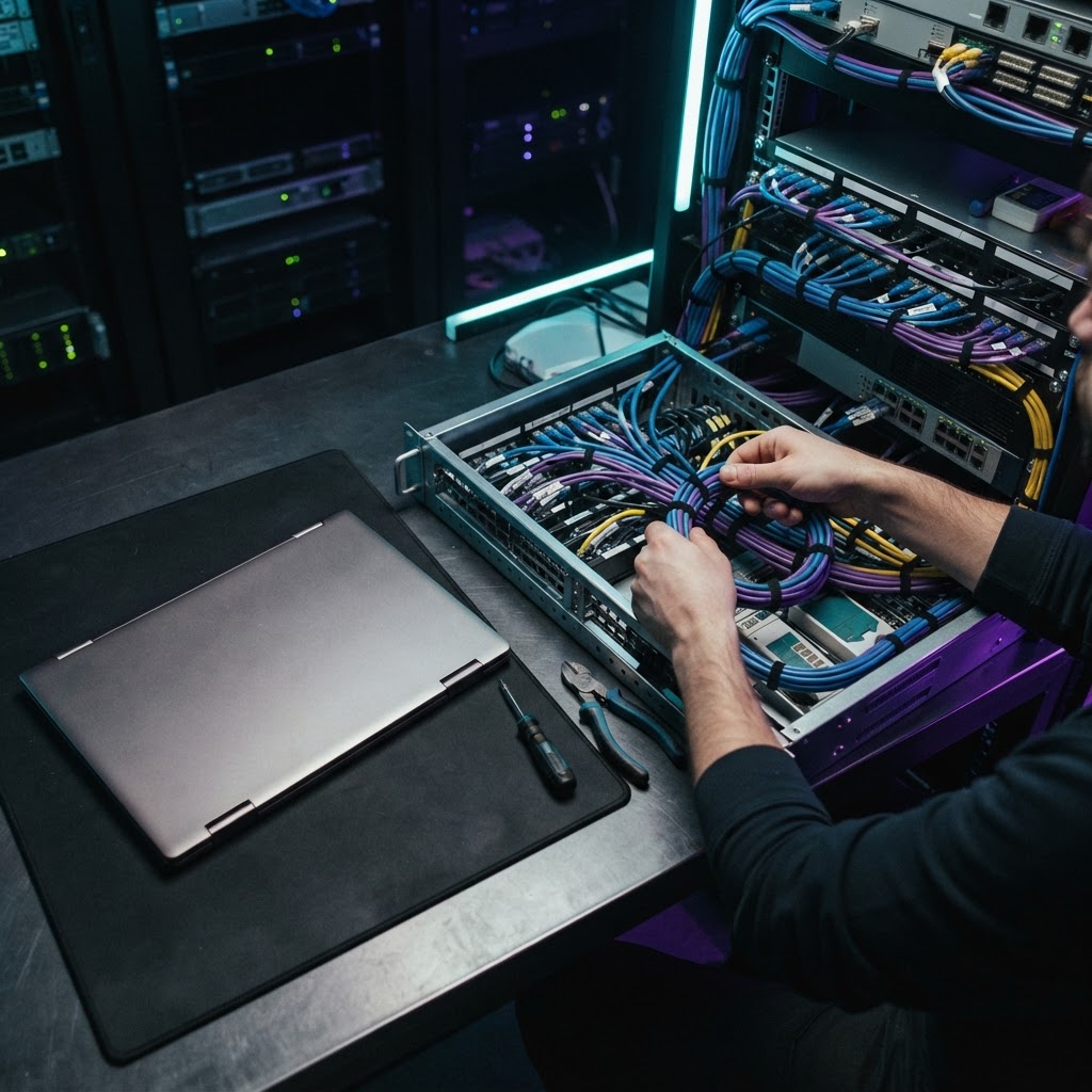 Organizing server components and cables on a dark desk