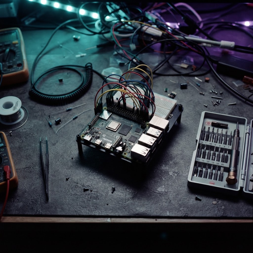 Close up of embedded hardware and tools on a dark desk