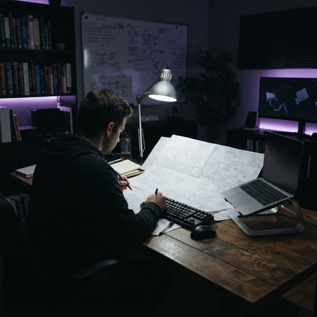 Developer working at a desk in a dimly lit office