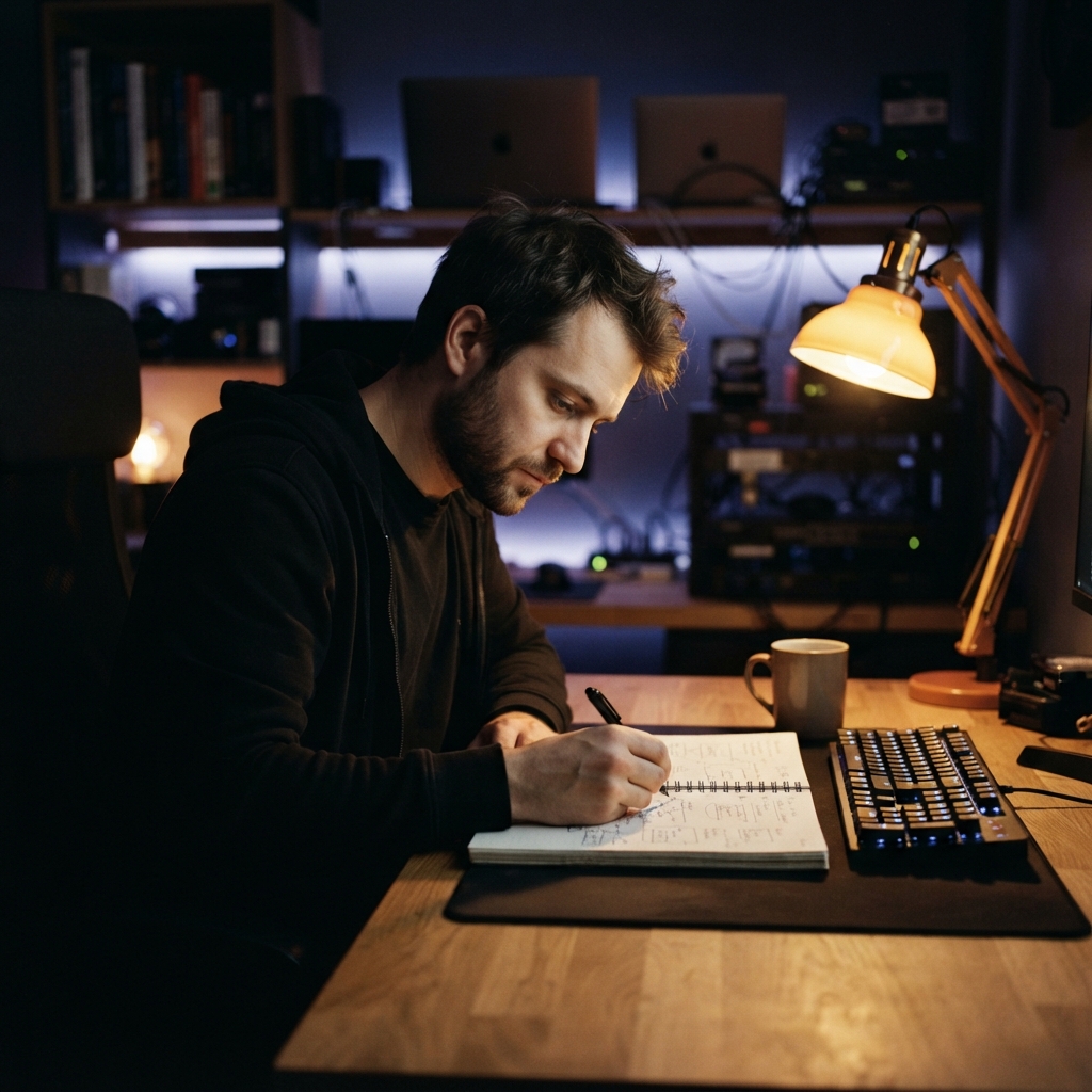 Developer focused on work in a dimly lit room