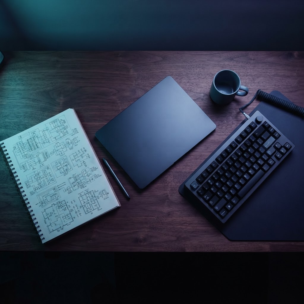Engineering workspace with hardware and architecture notes
