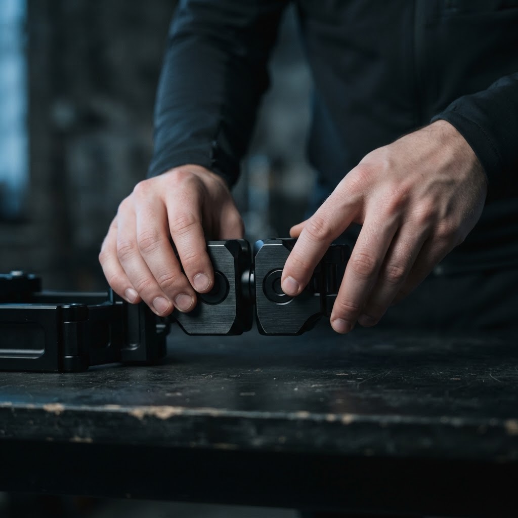 Close up of hands joining metal components