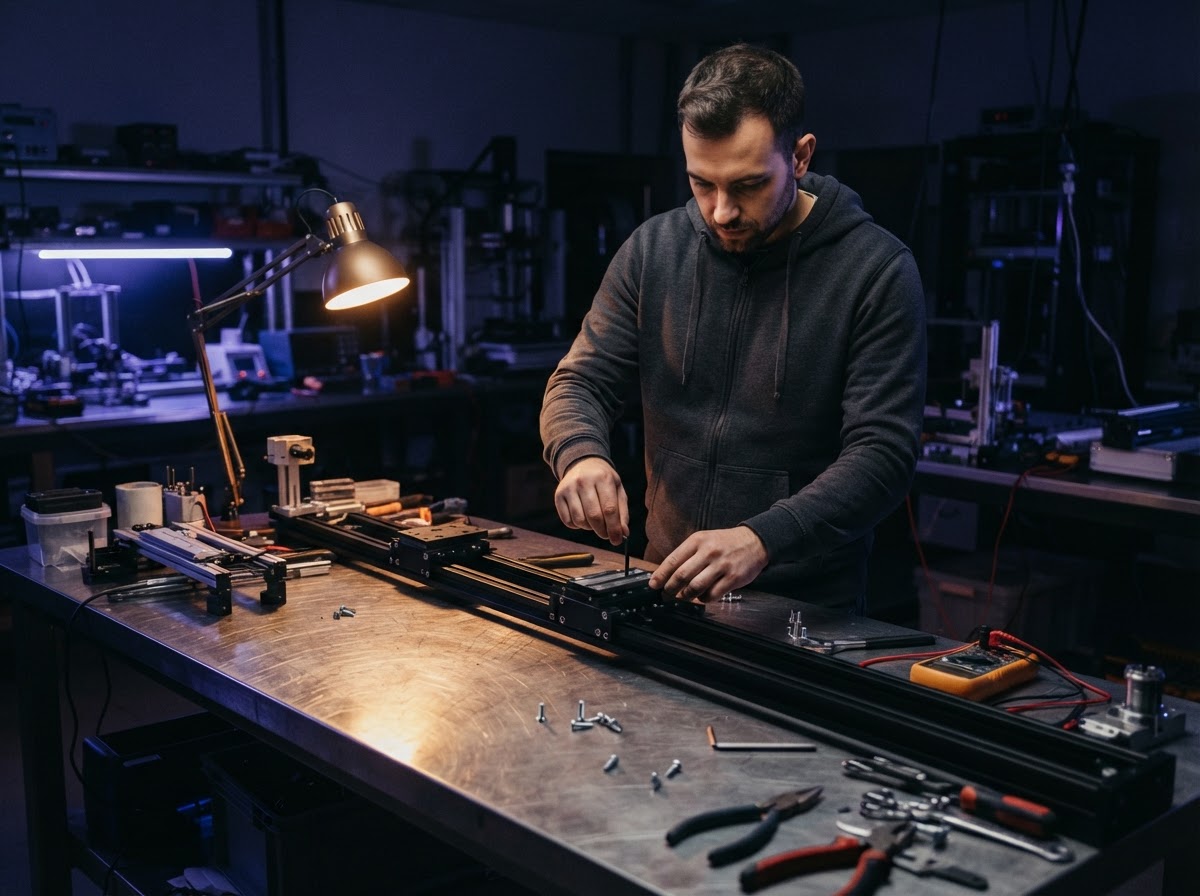 Developer adjusting a metal guide rail on a workbench