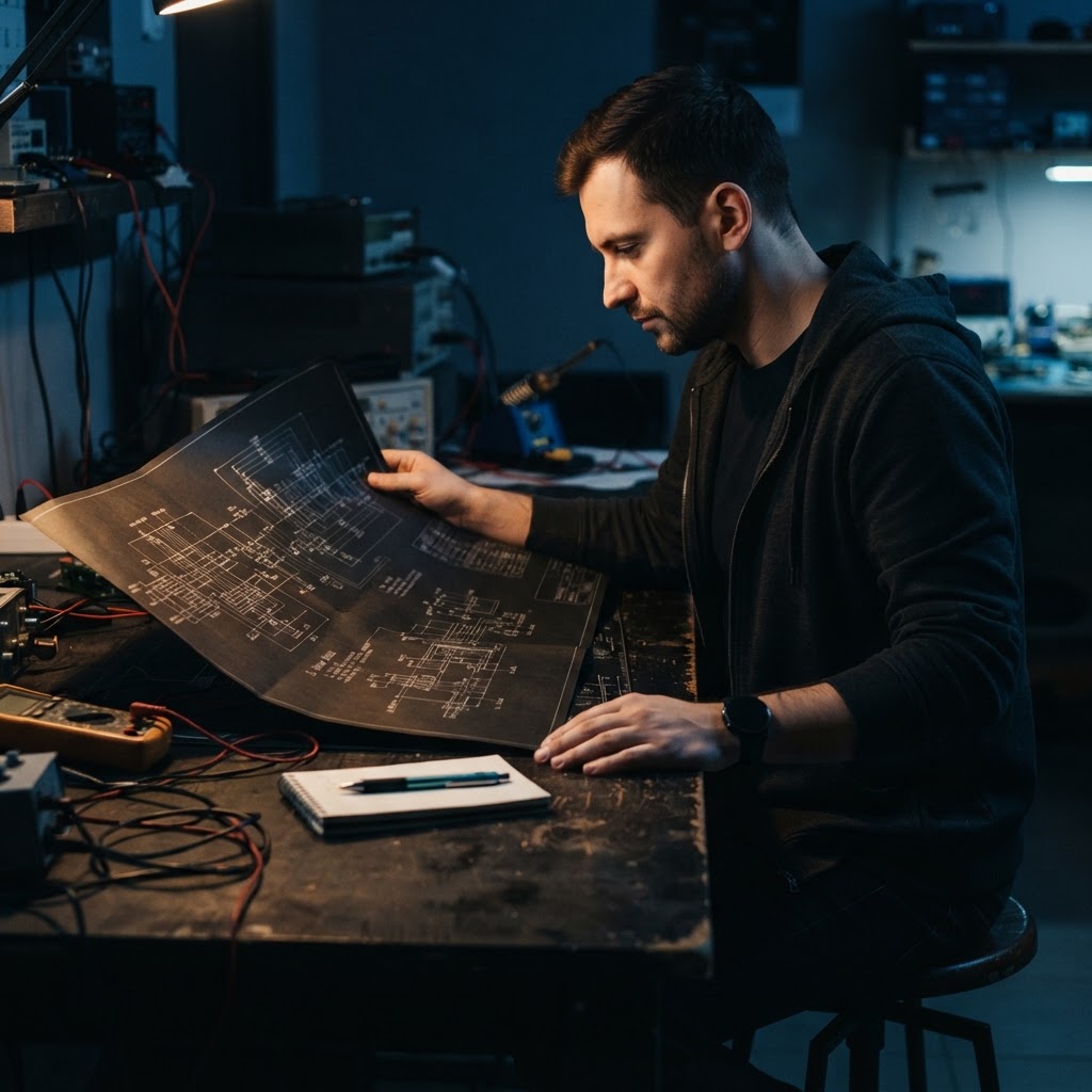 Developer reviewing a physical blueprint at a desk