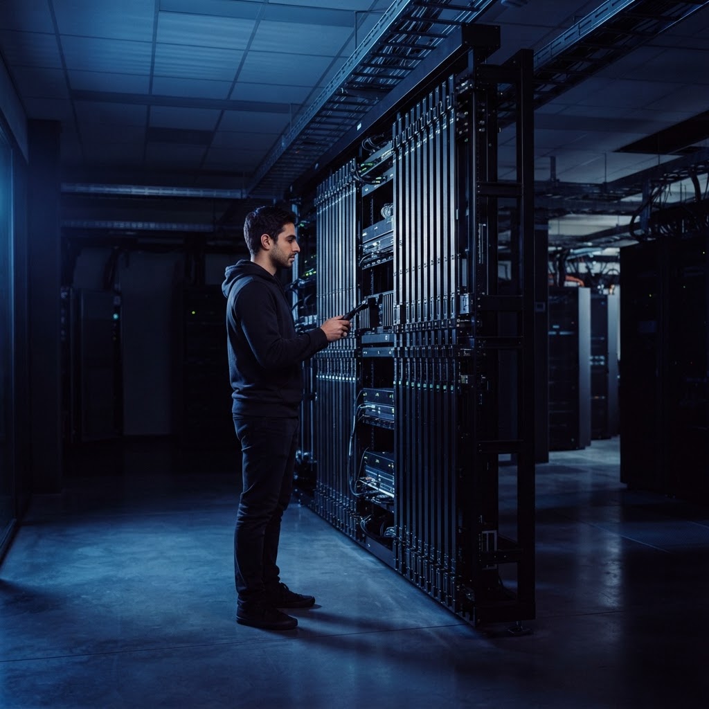 Developer standing before a large metal infrastructure rack