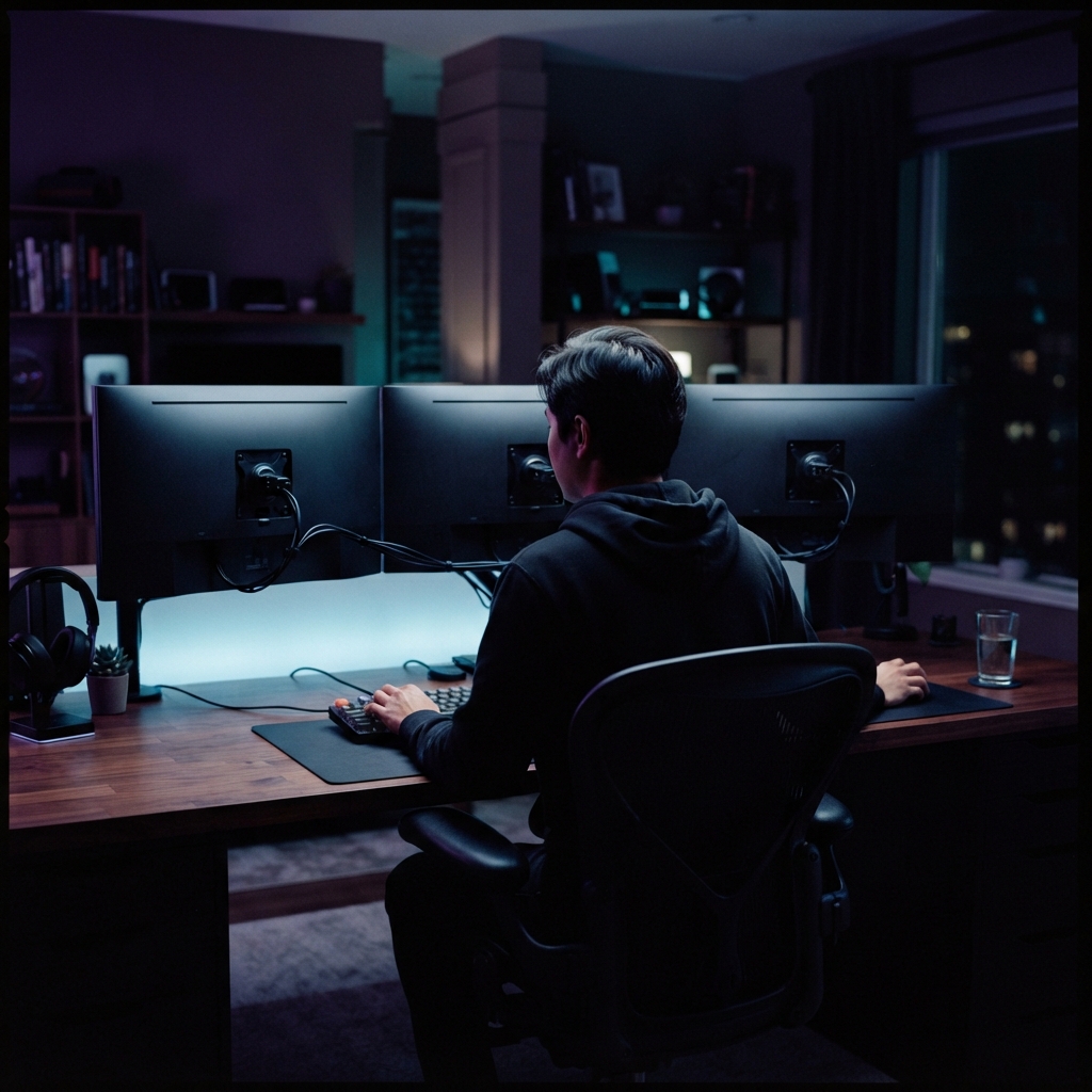 Developer working in a dimly lit home office