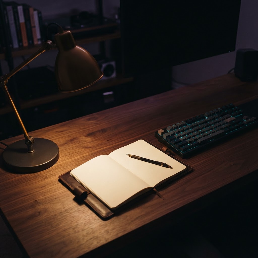 Open notebook on a desk with mechanical keyboard
