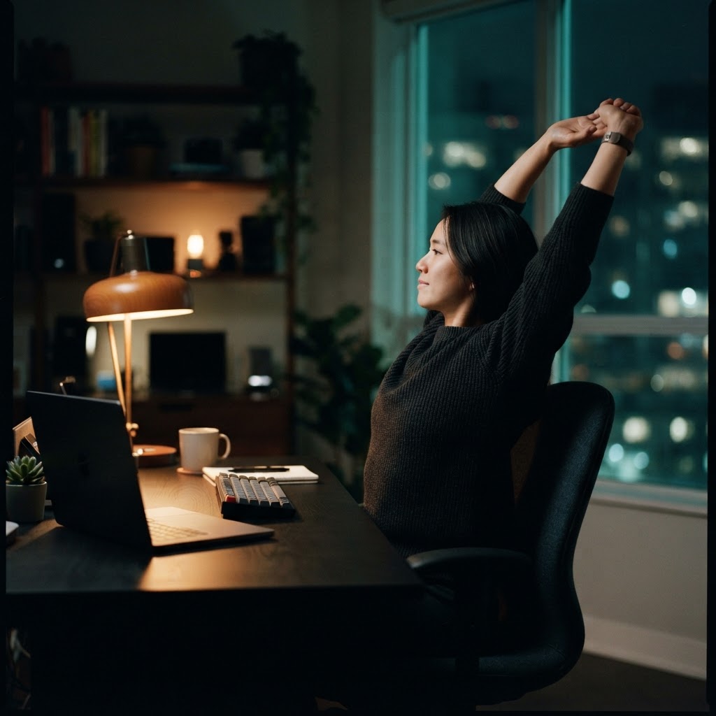 Developer taking a deliberate break from work at night