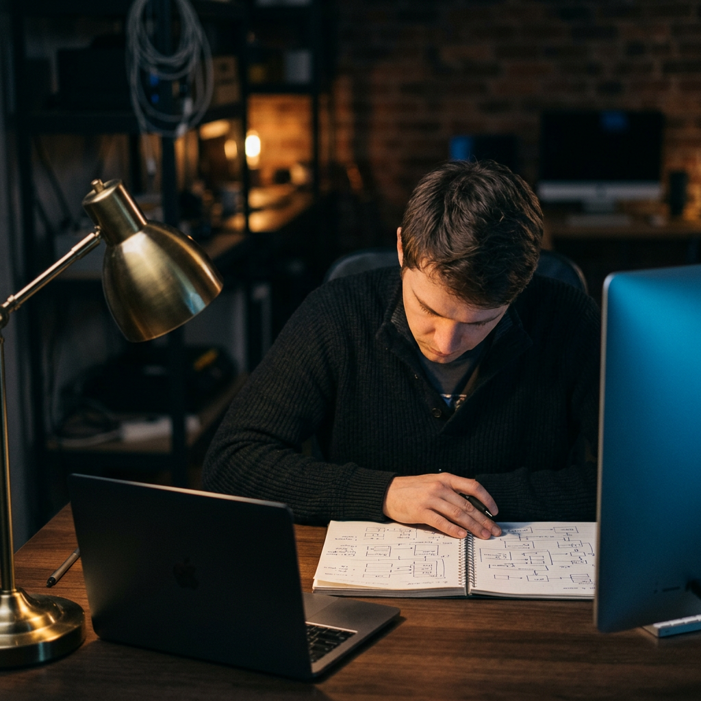 Developer studying architecture notes at night desk