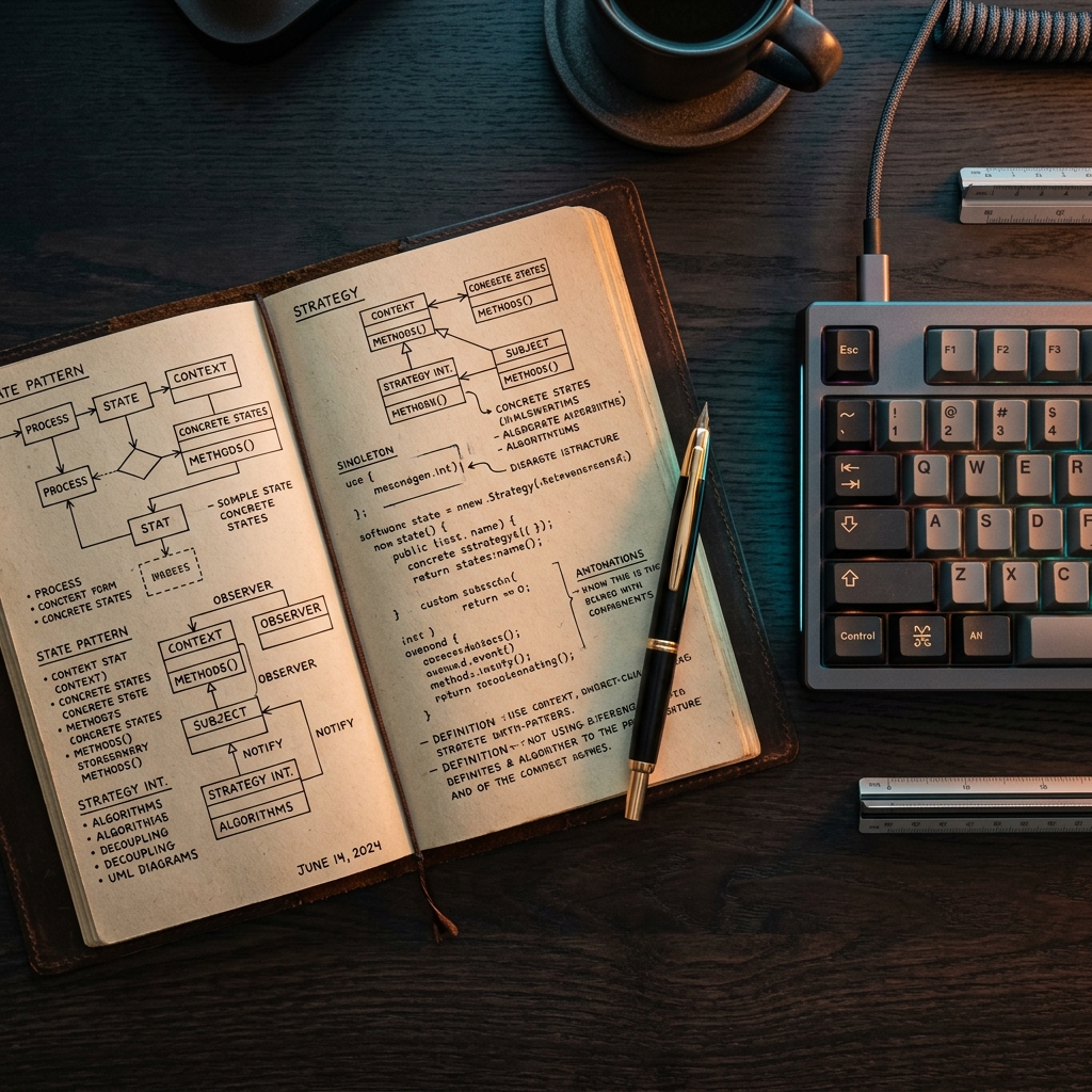 Engineer notebook with hand-drawn patterns and keyboard