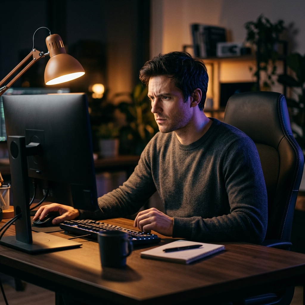 Developer focused on code at night desk