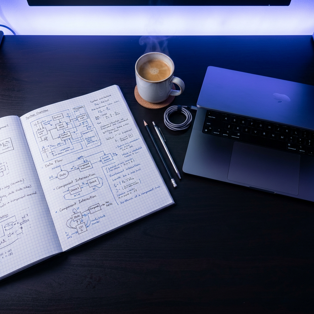 Engineering notebook and laptop with code sketches