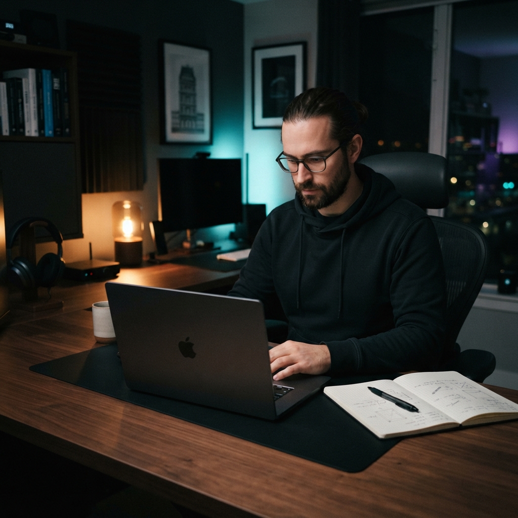Developer organizing records in a dark modern office