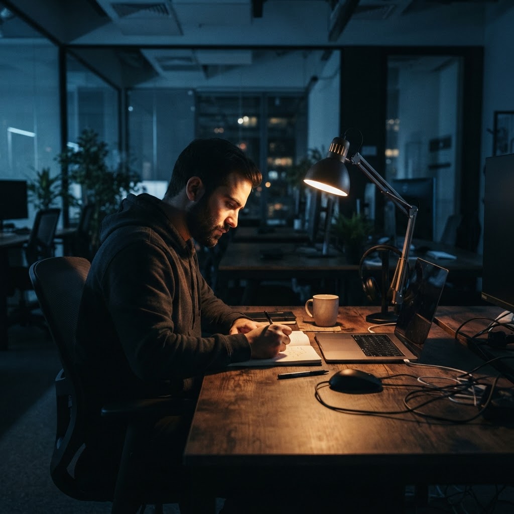 Developer focused in a dark studio at night