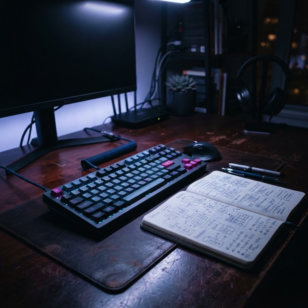 Open notebook with hand drawn diagrams on a dark desk