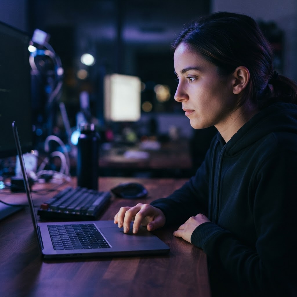 Developer focusing on code review in a dark office