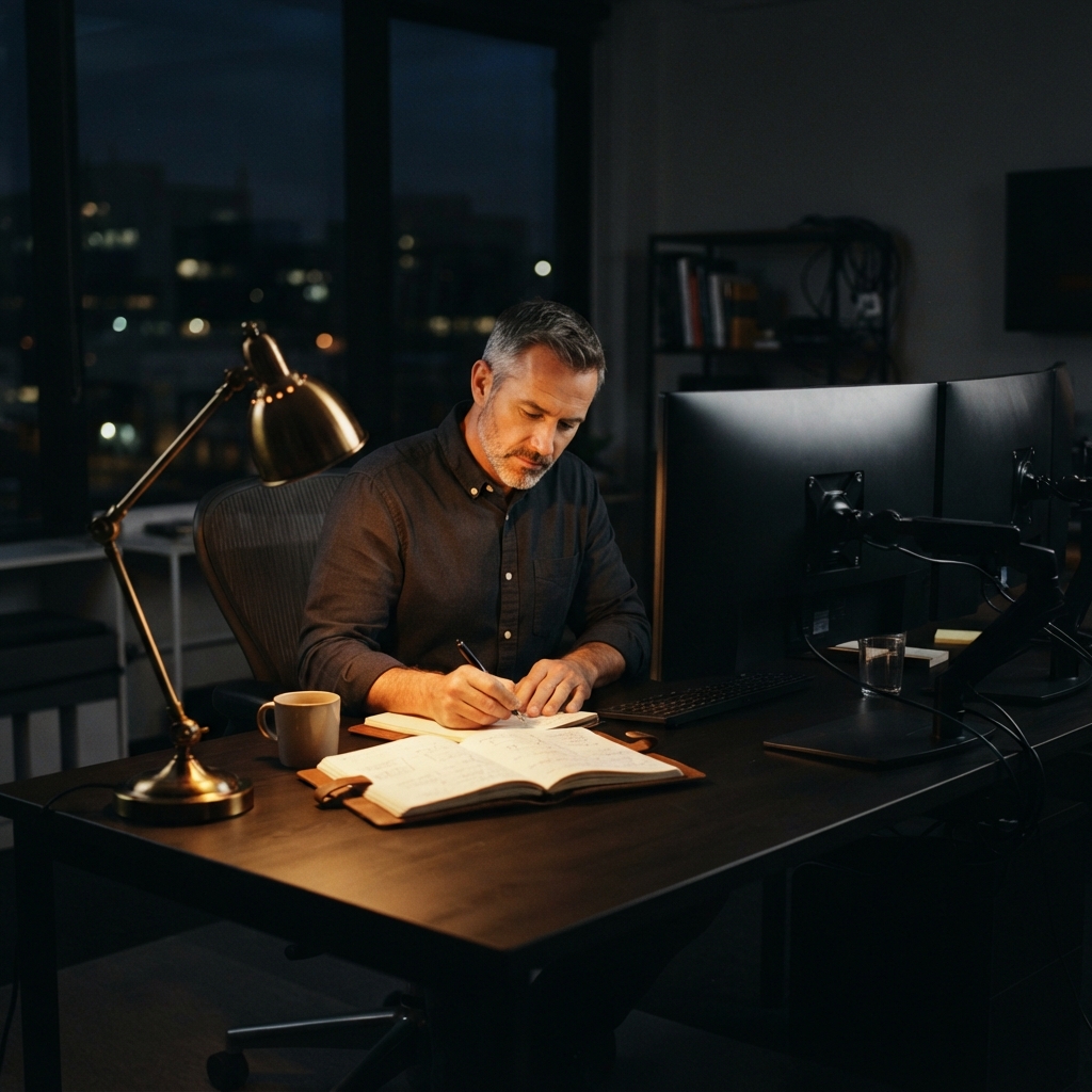 Software engineer planning and writing in a notebook at night