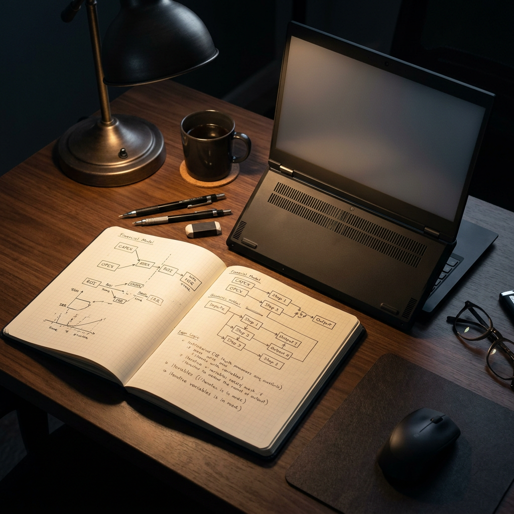 Technical journal with financial model sketches and laptop