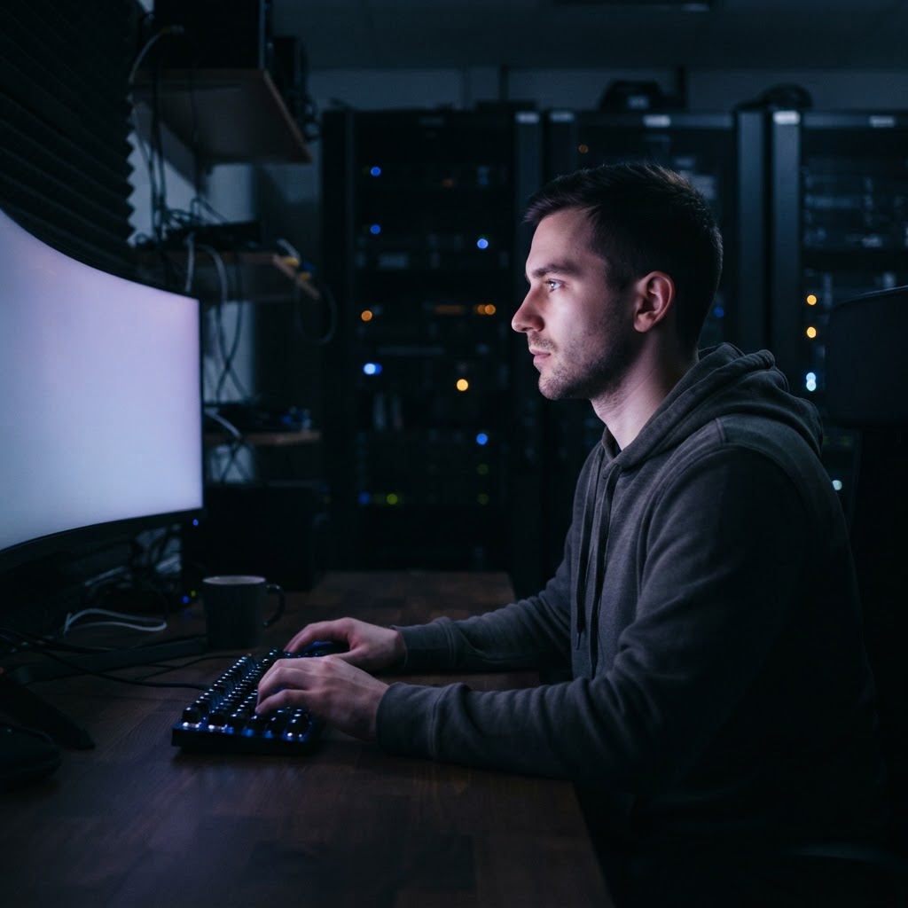 Focused developer working late in a blue-lit workspace