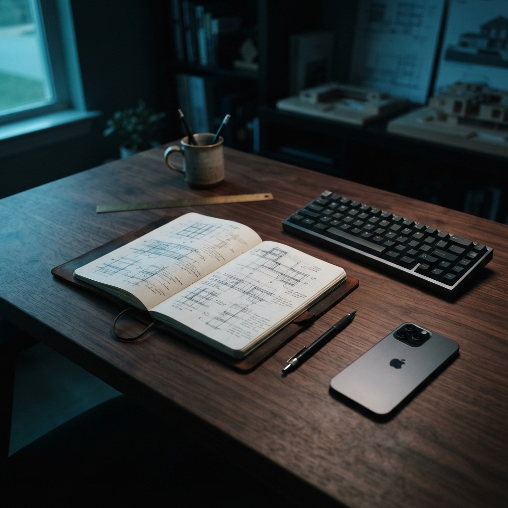 Open notebook with technical notes on a dark desk