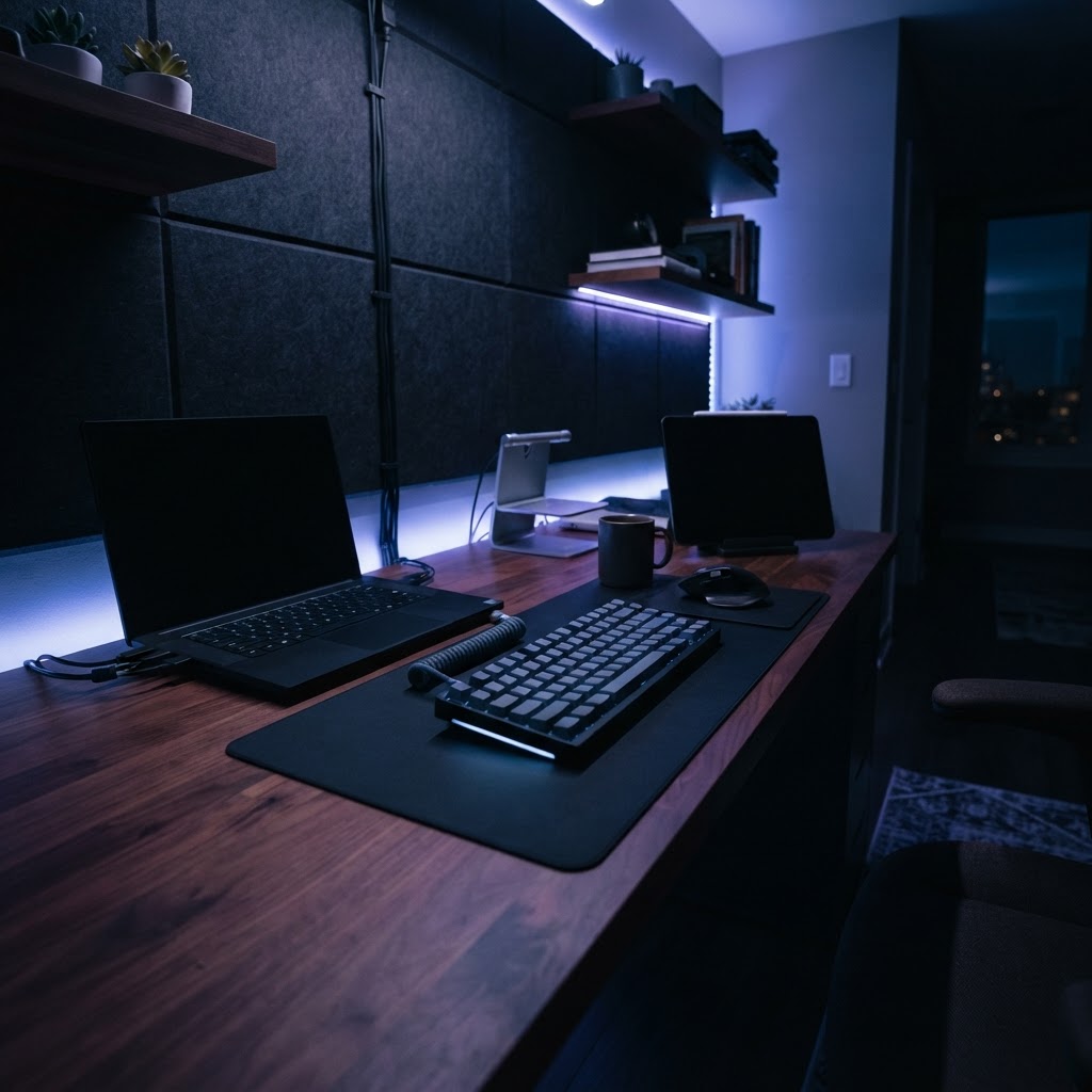 A clean and strategic developer workspace at night.