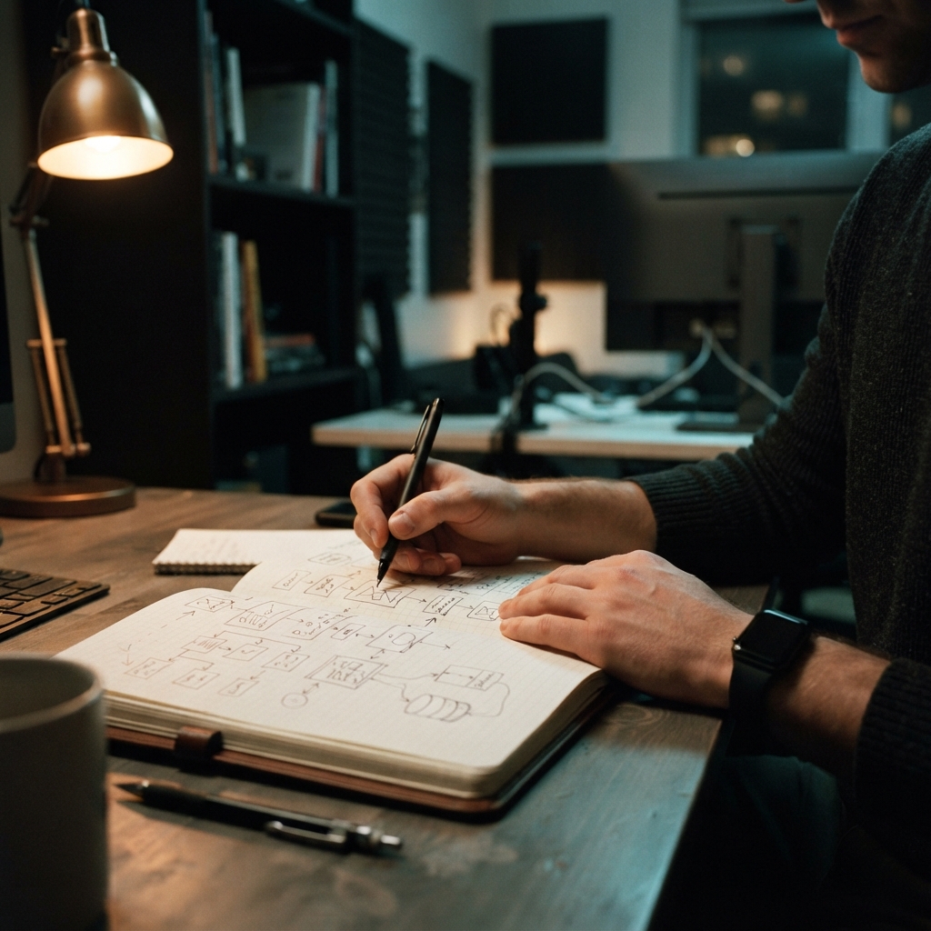 A focused developer sketching system designs in a notebook.
