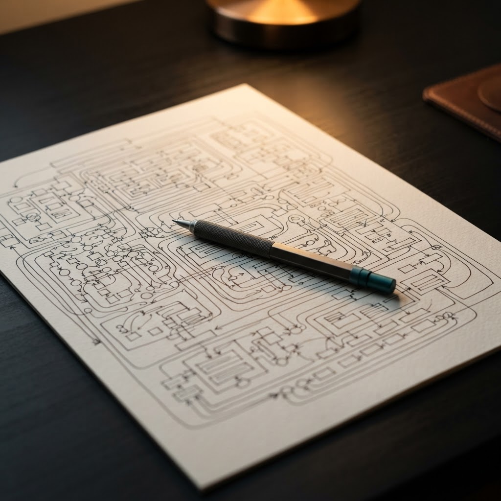 Detailed architectural sketches on a dark desk with a stylus