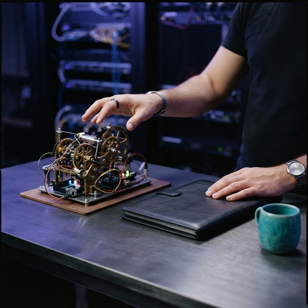 Developer hands choosing between custom mechanical tool and generic folder