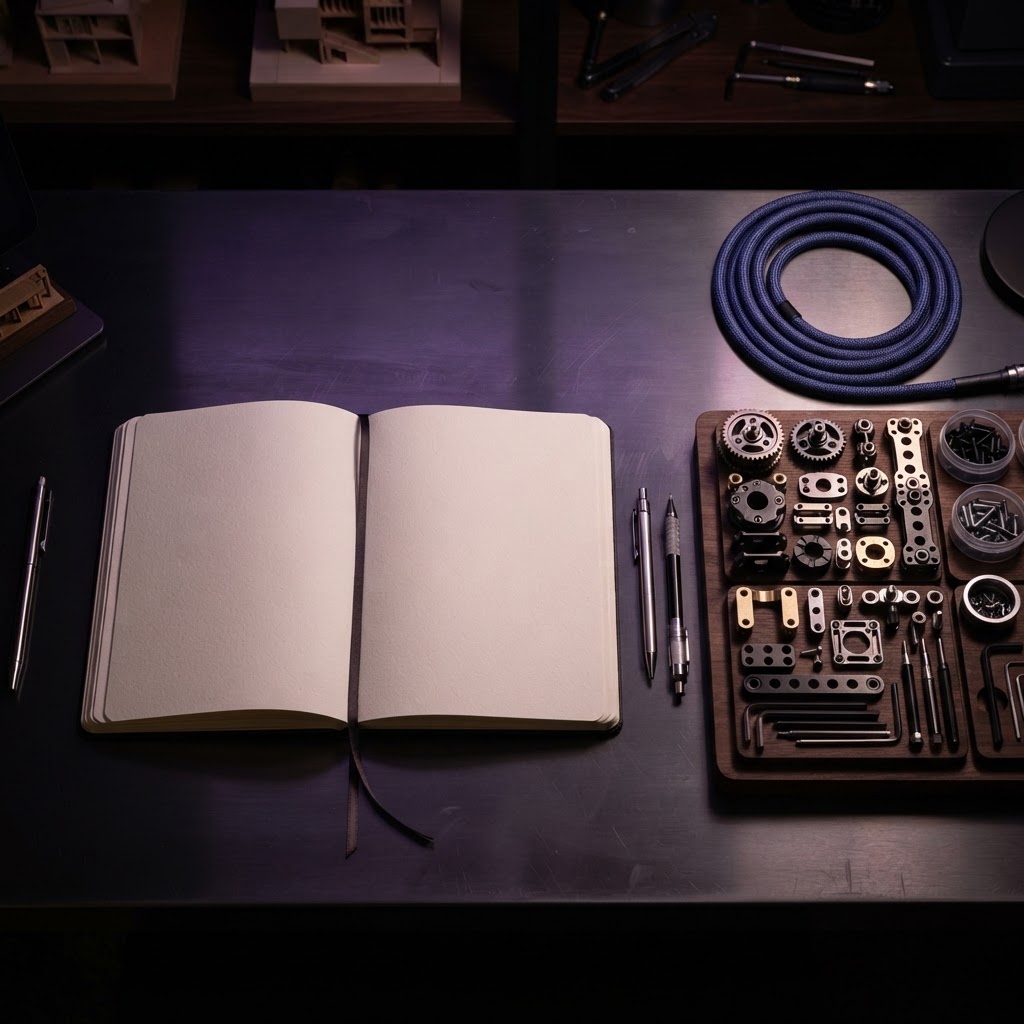Empty notebook and metal components on a dark desk