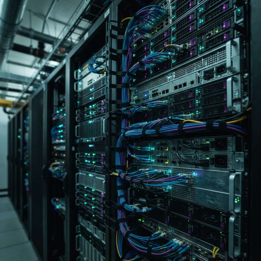 Close up of server rack hardware in a data center